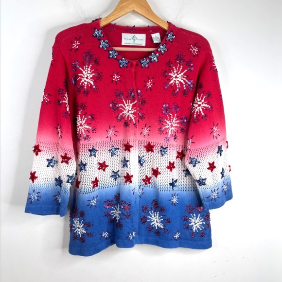 Design Options Philip Jane Gordon Patriotic Fireworks Cardigan XL Beaded Sequins - Picture 1 of 12